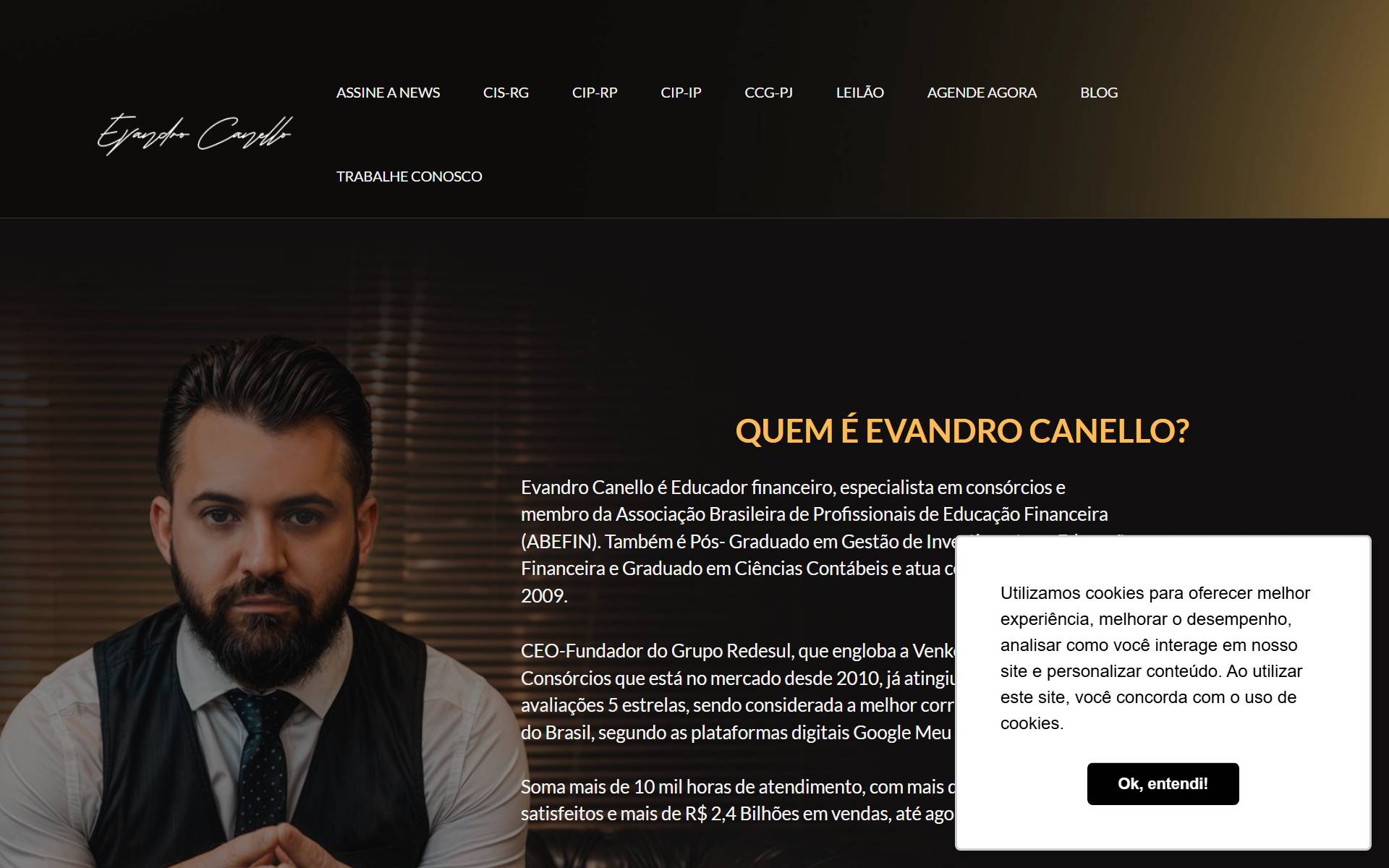 Site de Evandro Canello, com apresentação do especialista e volume vendido em destaque