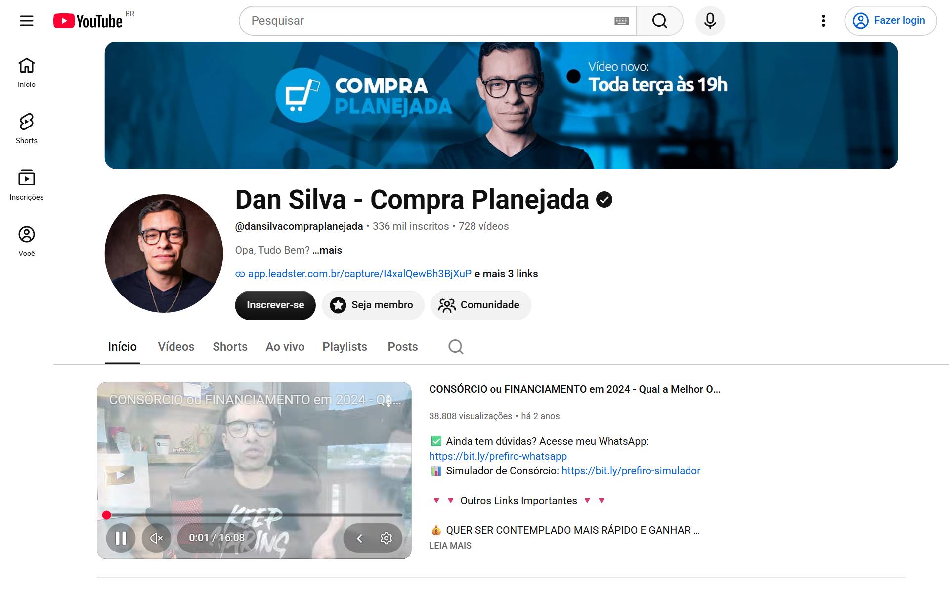 Canal de Dan Silva no YouTube, Compra Planejada, com vídeos longos sobre consórcio