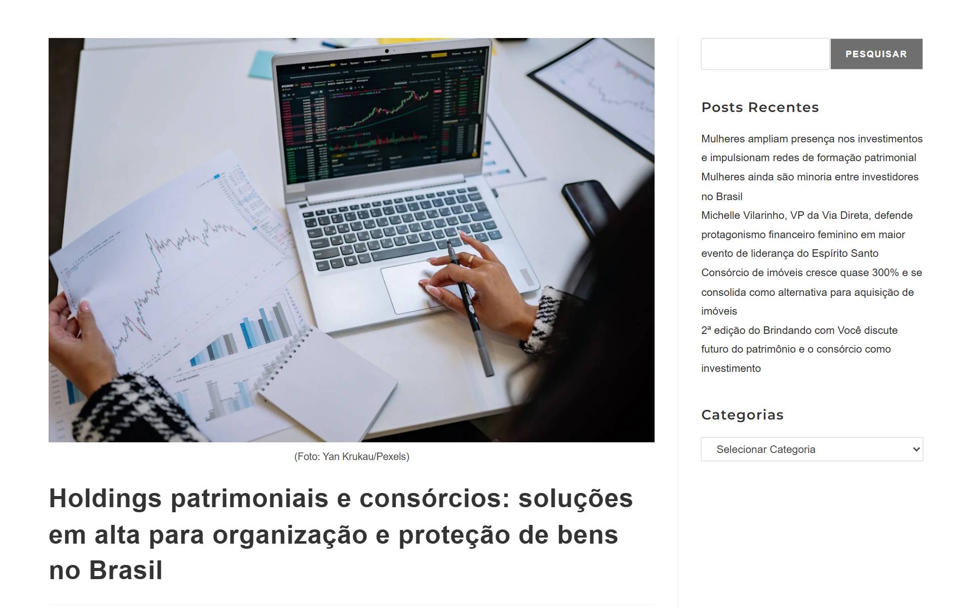 Página de holdings e consórcios da Via Direta, com o ângulo de sucessão patrimonial