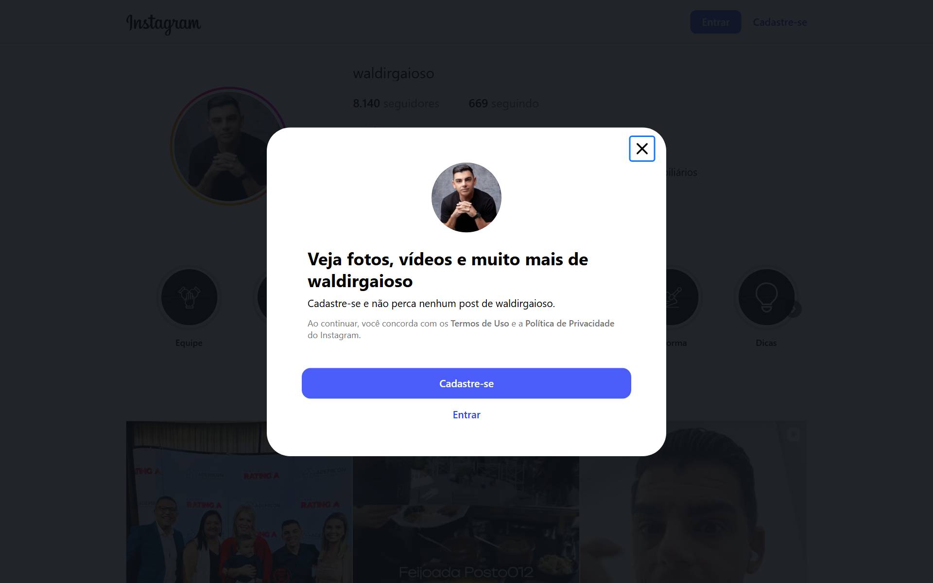 Perfil de Waldir Gaioso no Instagram, com 8.140 seguidores