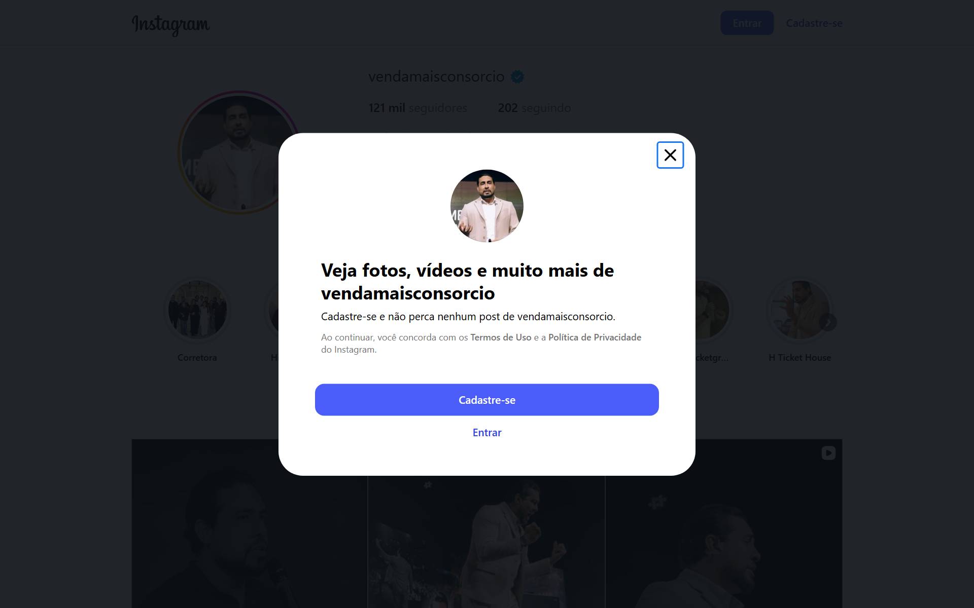 Perfil Venda Mais Consórcio no Instagram, de Joelson Santos, com 121 mil seguidores