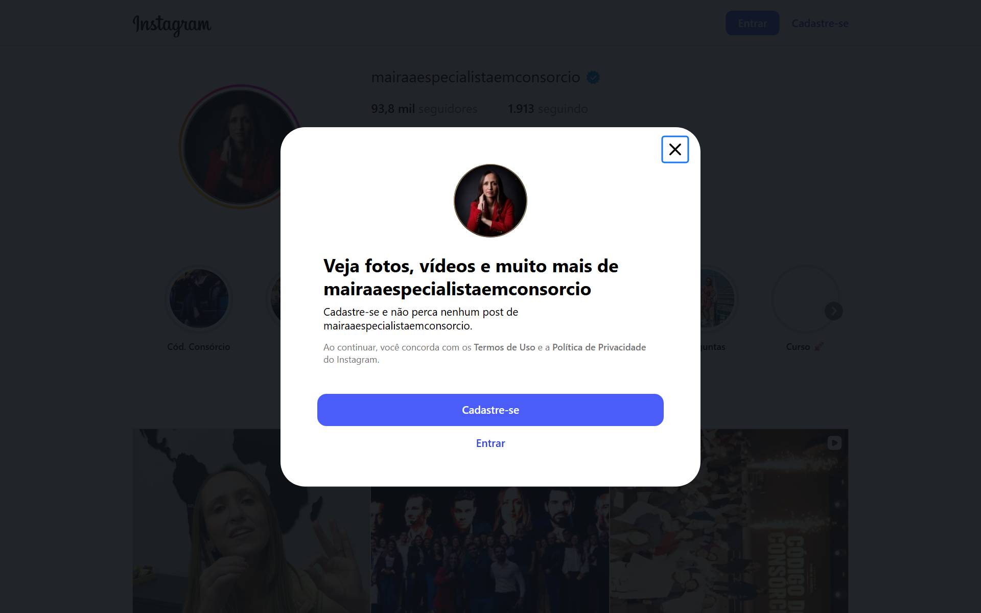 Perfil de Maíra Nogueira no Instagram, a especialista em consórcio, com 93.881 seguidores