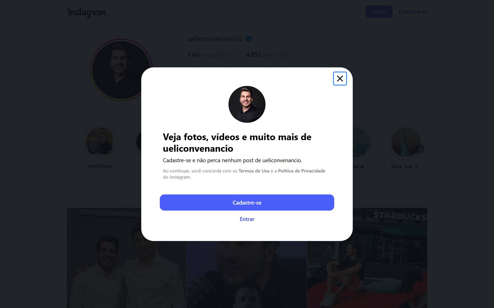 Perfil de Uelicon Venâncio no Instagram, com cerca de 3 milhões de seguidores