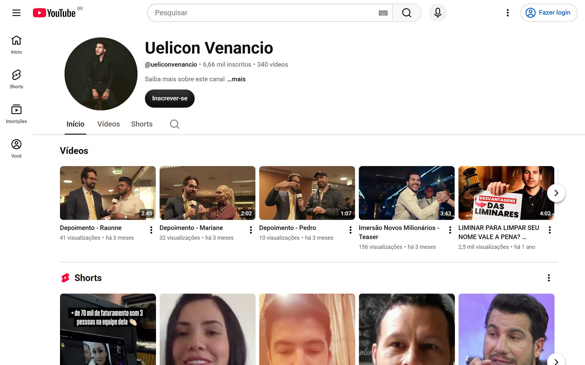 Canal de Uelicon Venâncio no YouTube, com grade de vídeos sobre consórcio