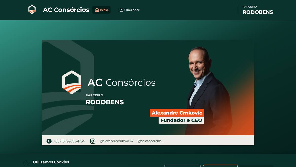 Home do site acconsorcios.com.br no desktop, com fundo verde-escuro, logo hexagonal, selo Parceiro Rodobens e foto do fundador