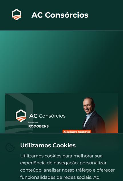 Home do site no celular, com o aviso de cookies cobrindo a parte inferior da tela