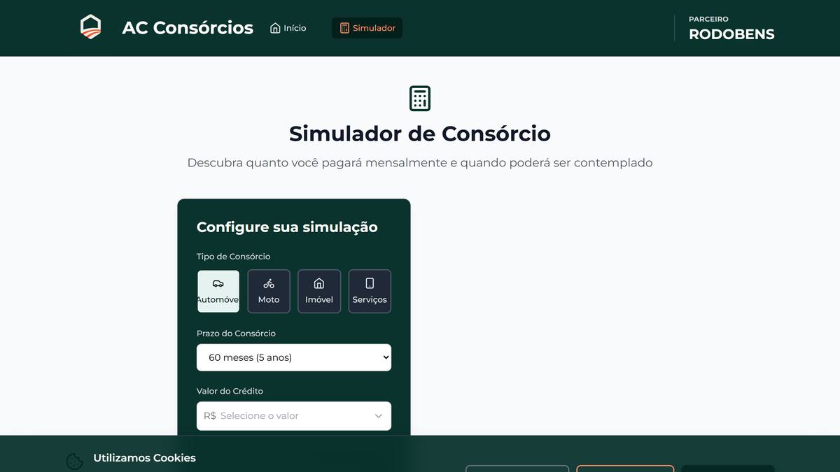 Página do simulador de consórcio do site, com o título Simulador de Consórcio e o formulário de configuração