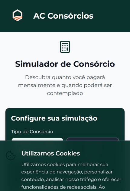 Simulador do site no celular, com o formulário de configuração da simulação